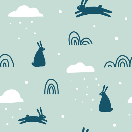 Winter forest seamless pattern with hare,snow and doodles.Scandinavian geometric landscape. Cute hand drawn cartoon children background for textile, covers, package, wrapping paperのイラスト素材