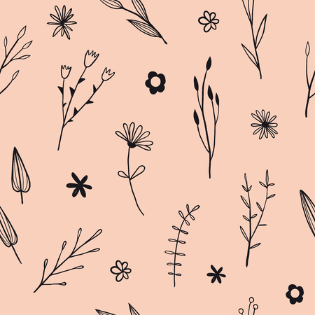 Flower simple seamless pattern graphic design for paper, textile print, page fill. Floral background with hand drawn black wild flowers, herbs and leaves. Cute design for girls, kids.のイラスト素材