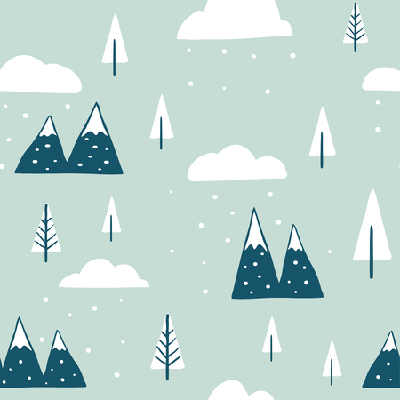 Winter seamless landscape pattern. Scandinavian simple minimalist snow mountains and trees. Funny map texture. Hand drawn cartoon illustration for children textile, fabricのイラスト素材