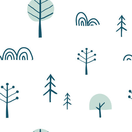 Simple minimalist tree seamless pattern. Scandinavian geometric landscape. Funny map texture. Cartoon hand drawn vector illustration. Children abstract background for textile, covers, package, wrapping paperのイラスト素材