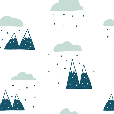 Winter seamless landscape pattern. Scandinavian simple minimalist snow mountains. Funny map texture. Hand drawn cartoon illustration for children textile, fabricのイラスト素材