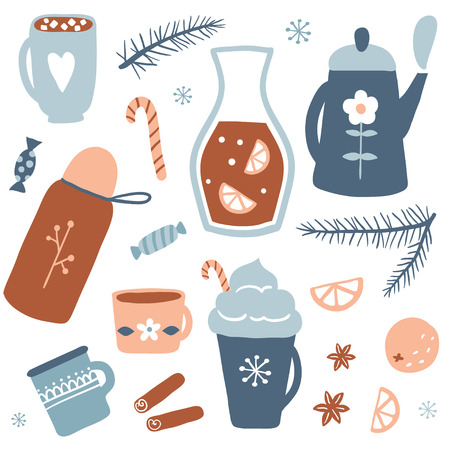 Hot drinks set. Autumn and winter holidays. Christmas beverage collection. Vector illustration with tea, hot chocolate, cocoa with marshmallow and mulled wine.のイラスト素材