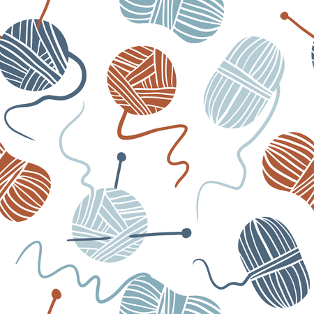 Knitting seamless pattern. Cute texture with hobby supplies. Thread, needle and yarn balls background. Flat vector illustration of hand made equipment. Good for wrapping paper, wallpaper, textile, fabric.のイラスト素材