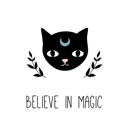 Believe in magic. Inspirational quote. Vector witch magic design print with text. Hand drawn, doodle, sketch magician illustration. Witchcraft cat. Perfect for posters, cards, stickersのイラスト素材