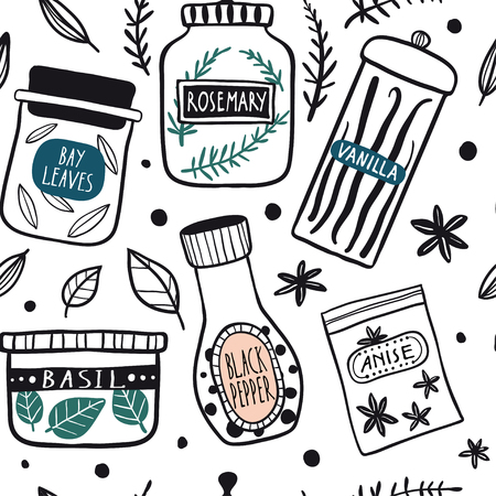 Herbs and spices jars seamless pattern: basil, pepper, rosemary, anise, vanilla, bay leaves. Hand drawn vector kitchen glass bottles and jars. Kitchen background. Doodle styleのイラスト素材