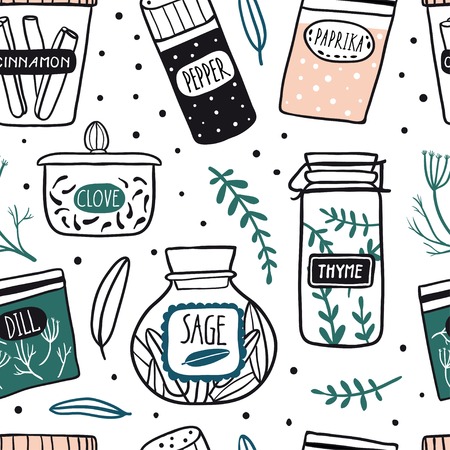 Herbs and spices jars seamless pattern: basil, thyme, sage, rosemary, clove, pepper, vanilla. Hand drawn vector kitchen glass bottles and jars. Kitchen background. Doodle styleのイラスト素材