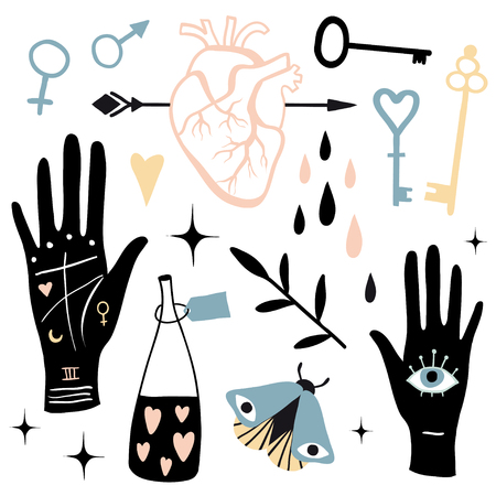 Vector witch magic design elements set. Hand drawn, doodle, sketch magician collection. Witchcraft mystery symbols: heart, arrow, palmistry, arrow, love poison. Perfect for stickers, cards, print designのイラスト素材