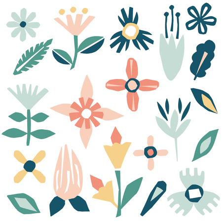 Cutout flowers and floral elements collection. Scandinavian geometric abstract modern plants and leaves. Simple vector set. Hand drawn graphic designのイラスト素材