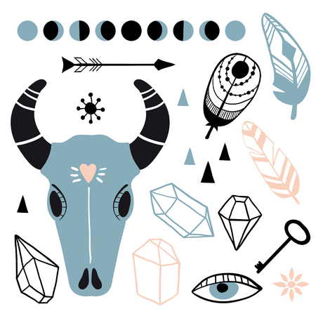 Boho style hand drawn elements. Tribal free spirit hand drawn, doodle, sketch collection. Vector witch magic design elements set. Witchcraft mystery symbols: skull, moon phases, crystals, feathers. Perfect for stickers, cards, print designのイラスト素材