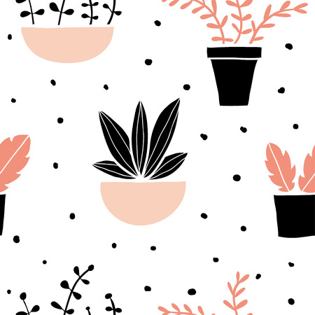 Seamless pattern with cute colorful hand drawn flower pots and dots. Flat style, doodle home plants. Botany illustration. Vector. Isolatedのイラスト素材