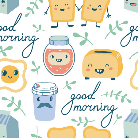 Good morning. Funny characters breakfast seamless pattern: toasts(bread), cup of coffee, milk, toaster, fried egg. Background with cute food and drink icons in kawaii style with smiling face and pink cheeks for sweet design.のイラスト素材