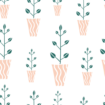 Seamless pattern with cute hand drawn flowes in pink pots. Flat style, doodle home plants. Botany illustration. Vector. Isolatedのイラスト素材