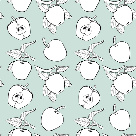 Vector line apple seamless pattern: half, blossom plant with leaves. Sketched hand drawn background. Colorful vector doodles. Summer fruit for kitchen textile, fabric, paperのイラスト素材