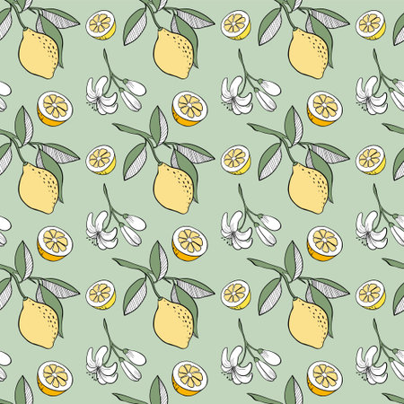 Sketched lemon seamless pattern with blossom plant and leaves. Food illustration. Colorful hand drawn tropical summer fruit. Doodle design element for card, print, template, wallpaper, textureのイラスト素材
