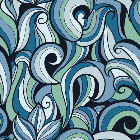 Stylized waves seamless pattern. Sketch vector hand drawn doodle background with curls and swirls. Blue texture for textile, fabric, wrapping paperのイラスト素材