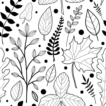 Vector seamless pattern with  hand drawn leaves and dots. Autumn mood. Floral graphic design.  Hand drawn vector botany texture. Sketch style monochrome background for seasonal textile, paperのイラスト素材