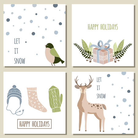 Collection of 4 Christmas card templates. Vector xmas Posters set. Merry Christmas greeting card set with cute bird, deer, hat, mittens. Decorative winter elementsのイラスト素材
