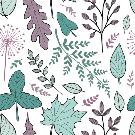 Vector seamless pattern with hand drawn fall leaves. Autumn mood. Floral graphic design.  Hand drawn vector botany texture. Sketch style colorful background for seasonal textile, paperのイラスト素材