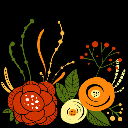 Doodle floral card. Vector background frame with flowers and leaves on black. Design template for greeting cards, wedding invitationsのイラスト素材