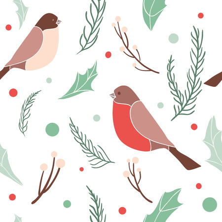 Christmas seamless pattern with branches; leaves and berries on white. Hand drawn winter holiday illustration with birds and floral elementsのイラスト素材