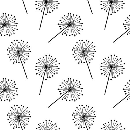 Black on white dandelion vector seamless pattern. Hand drawn botany texture for wallpaper, pattern fills, web page background, surface designのイラスト素材