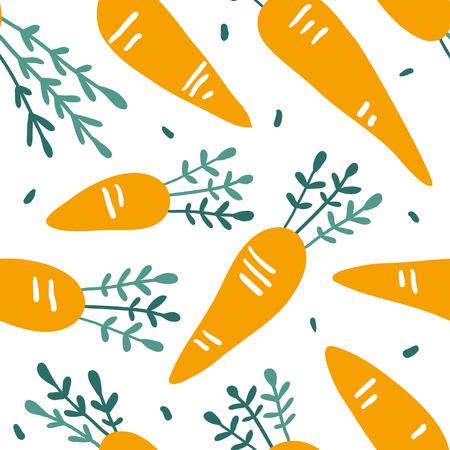 Doodle carrot vector seamless pattern. Hand drawn texture for kitchen wallpaper, textile, fabric, paper. Food background. Flat vegetables on white. Vegan, farm, naturalのイラスト素材