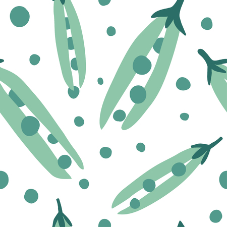 Doodle green peas vector seamless pattern. Hand drawn texture for kitchen wallpaper, textile, fabric, paper. Food background. Flat vegetables on white. Vegan, farm, naturalのイラスト素材