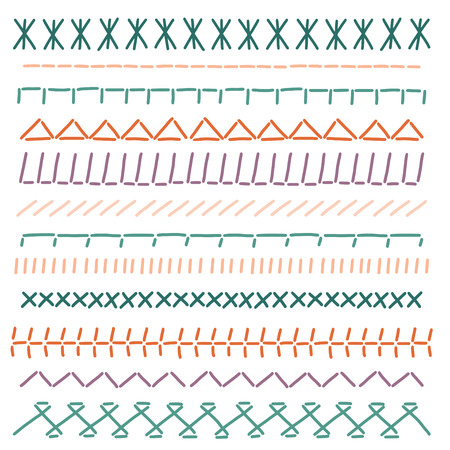 Stitch borders. Color sewing seams. Embroidery cloth vector. Hand drawn page decorations and dividers isolated on white background. Illustration of colored thread stitchのイラスト素材