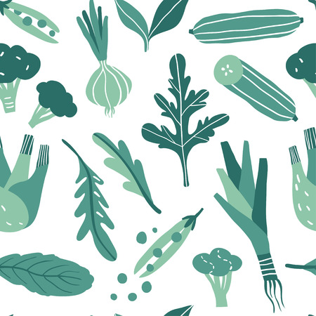Seamless pattern with hand drawn colorful doodle green vegetables and herbs. Vector texture for textile, wrapping paper. Flat icons: onion, arugula, peas, cucumber, leek, broccoli, fennel. Vegetarian healthy food. Vegan, farm, organic, natural backgroundのイラスト素材