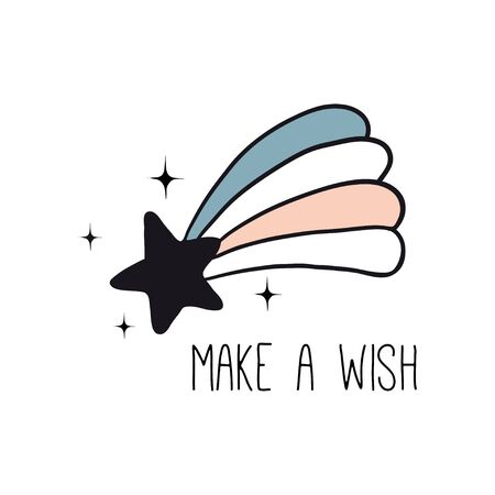 Make a wish. Inspirational quote with star.  Vector witch magic design print with text. Hand drawn, doodle, sketch magician illustration. Witchcraft symbol. Perfect for posters, cards, stickersのイラスト素材