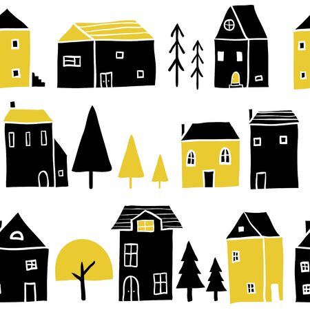Vector seamless pattern with decorative houses. Stylized city landscape. Street. Cottages. Hand drawn flat style buildings. Children art set.  Doodle houses and trees. Black and yellow architectureのイラスト素材