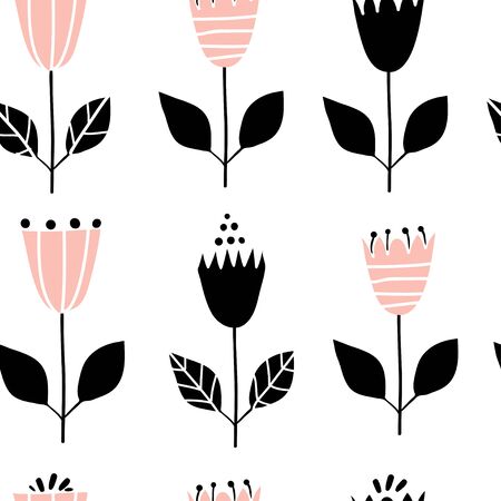 Scandinavian Geometric seamless pattern with flowers. Minimalistic floral background. Abstract botany texture. Vector graphic design for paper, textile print, page fill.のイラスト素材