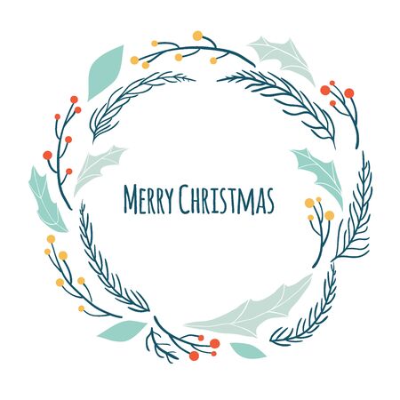 Merry Christmas wreath with winter flora, branches, leaves and berries. Hand drawn winter holiday illustration with floral elements. Template for invitation, postcard, greeting cardのイラスト素材
