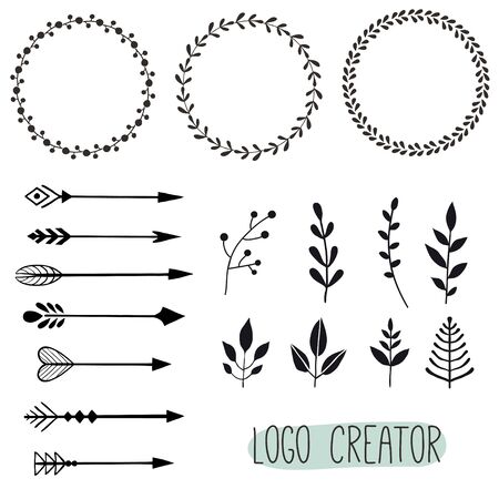 Vintage hipster  elements with arrows, plants, badges. Hand drawn elements template constructor for brand identity and  design.のイラスト素材