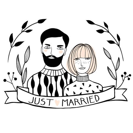 Cute couple card. Sketch style hand drawn wedding invitation.のイラスト素材