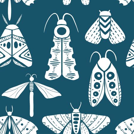 Hand drawn doodle moths and butterflies. Seamless pattern with beautiful white insectsのイラスト素材