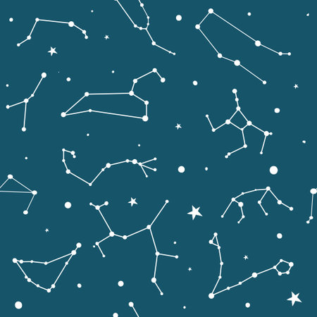 Seamless pattern with zodiac signs. Night sky with stars and constellations. Hand drawn astrological...