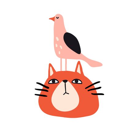 Funny cat and bird. Cute design for card, print, poster. Pet vector illustration. Cartoon doodle animals images. Cute kitten. Hand drawn characterのイラスト素材