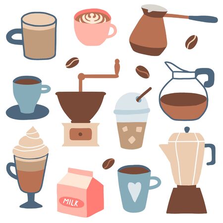 Set of different coffee types: americano, cappuccino, espresso, frappe, raf, mocha. Hot cup of drink for breakfast, kettle, mug, milk. Vector illustration in cartoon styleのイラスト素材