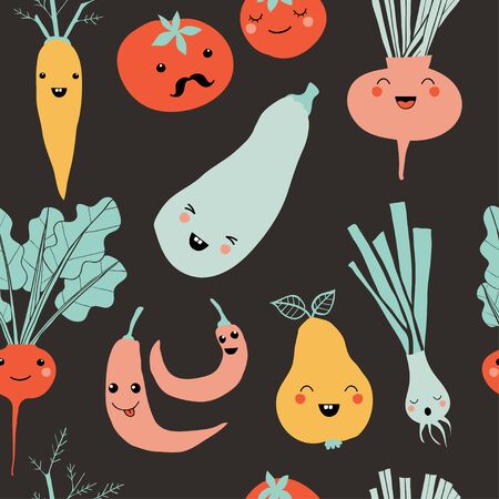 Cute cartoon smiley fruit and vegetable characters. Seamless pattern with pepper, carrot, tomato, pear, onion. Colorful design for textile, fabric, printed materials. Cute doodle style emoticons.のイラスト素材