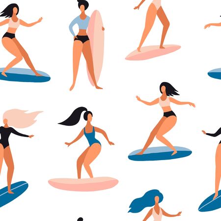 Seamless pattern with Surfer girls on boards catching waves. Cute cartoon flat people in vector. Beach summer travel lifestyle texture. Sport fitness sea activity concept. Young woman charactersのイラスト素材