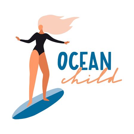 Surfer girl on boards catching waves in the sea. Cute cartoon flat people in vector. Beach summer travel lifestyle illustration for card, print or poster. Sport fitness concept. Young woman charactersのイラスト素材