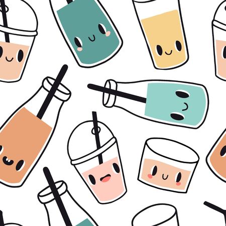 Detox seamless pattern. Smoothie or fresh juice with smiling face. Kawaii hand drawn cup, jar and glass bottles with summer cocktails. Concept for healthy food menu bar. Cute vector cartoon textureのイラスト素材