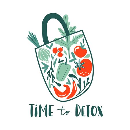 Time to detox. Eco shopping bag with summer vegetables: onion, pepper, tomato. Healthy organic fresh and natural vegan food concept, grocery delivery. Flat hand drawn design for banner, card, posterのイラスト素材
