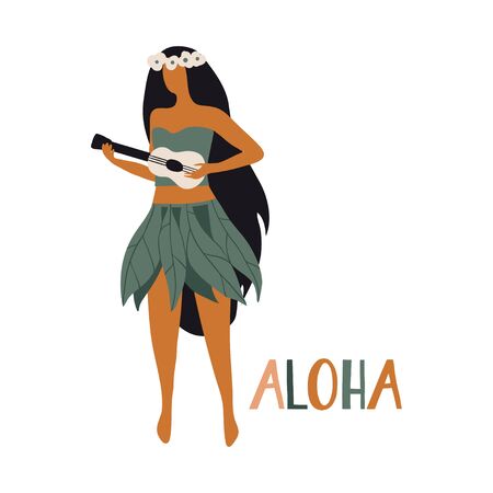 Hawaiian girl is dancing hula and playing ukulele. Aloha text. Cute card print or poster for Hawaiian holidays. Vector illustration. Funny character, flat cartoon style summer design with letteringのイラスト素材