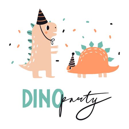 Dino party. Lovely vector illustration with funny dinosaur in hats. Hand drawn print, greeting card or poster for children room decoration. Flat cartoon dino character and letteringのイラスト素材
