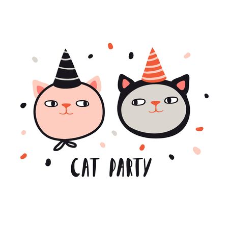 Cat party. Funny cats in .holiday hats. Design for card, print, poster. Pet vector illustration. Cartoon doodle animals images. Cute kitten with lettering. Hand drawn characterのイラスト素材