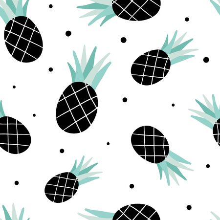 Seamless pattern with pineapples. Juicy tropic fruits and black dots on white background. Vector hand drawn summer vector background for modern textile, fabric, paper. Vegetarian healthy foodのイラスト素材