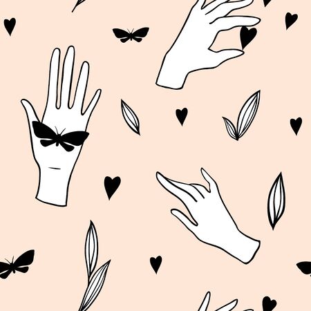 Seamless pattern with hands, butterflies, heart and leaves on pink. Hand drawn background with human palms, wrists, gestures. Sketch style outline vector texrure for modern textile, fabric, paperのイラスト素材