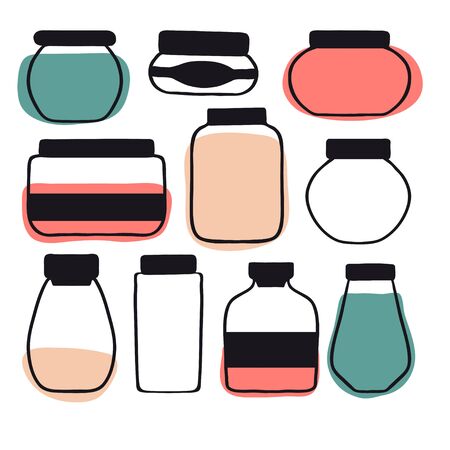 Set of colorful doodle preserved food. Hand drawn collection with cute different shape jars and bottles with abstract jam, honey, sauce. Vector flat style cartoon illustration. Isolated iconsのイラスト素材